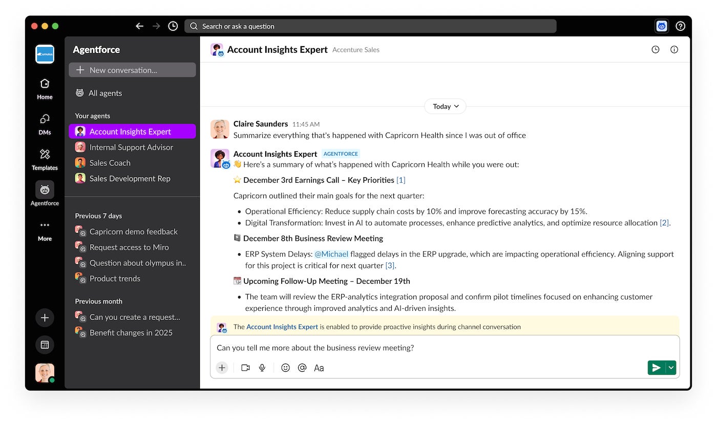 In this example, an agent designated as an “Account Insights Expert” answers a prompt with Slack.