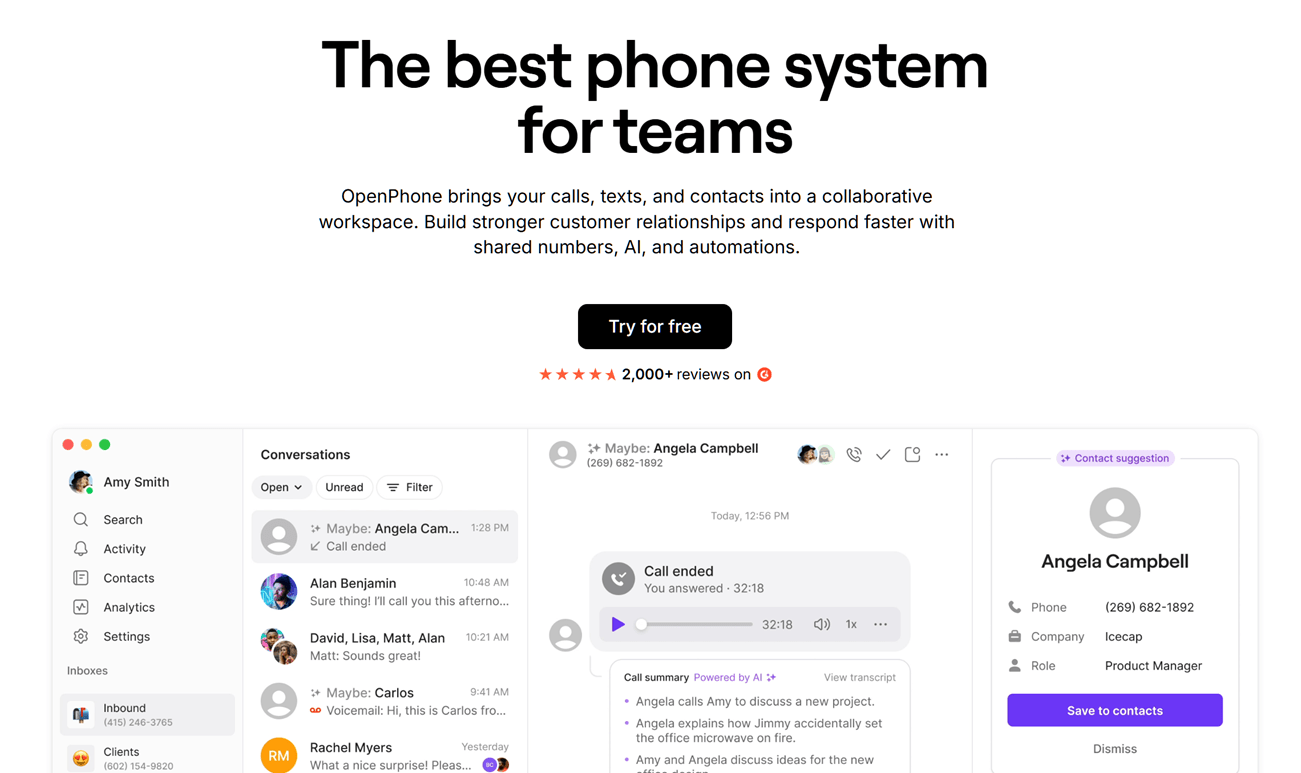 Mockup of the OpenPhone app with the text The Best phone system for teams above it. 