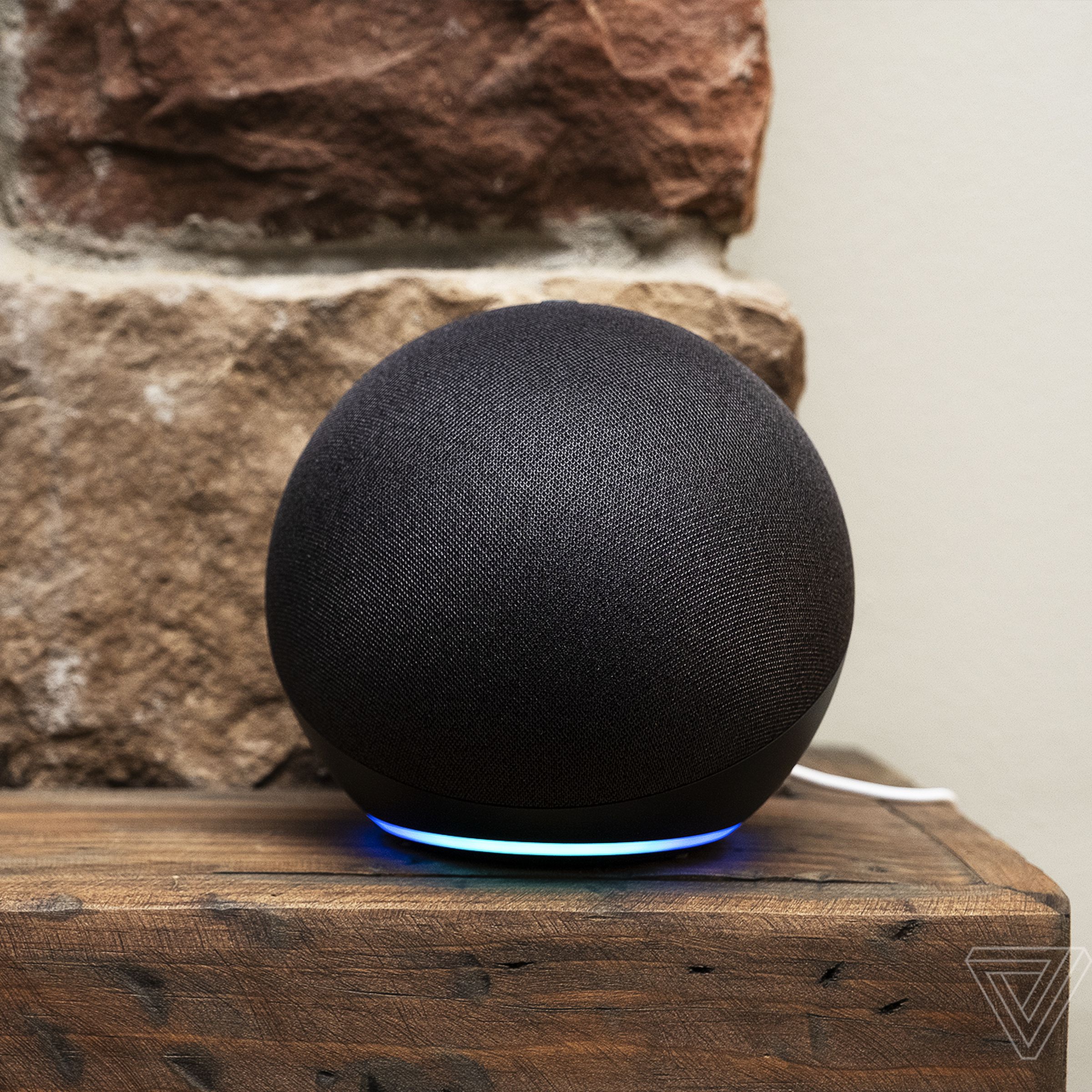 An Echo smart speaker on a mantlepiece with a skeleton couple.