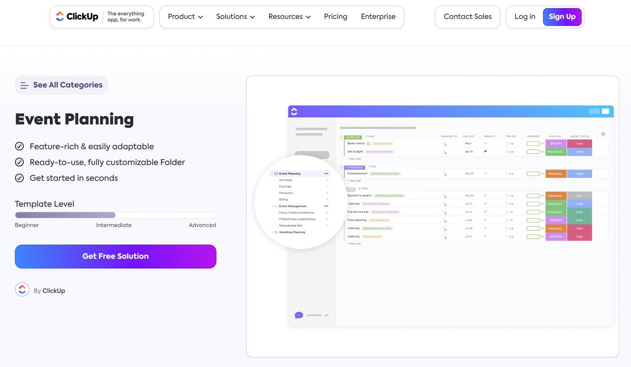 List of tasks in ClickUp for upcoming events, using colors, progress bars, due dates, and priority flags to stay organized. 