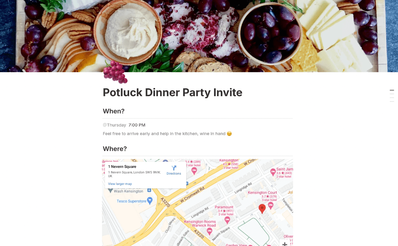 A dinner party invite showing an image of a charcuterie board with the date, time, and location of a potluck dinner.