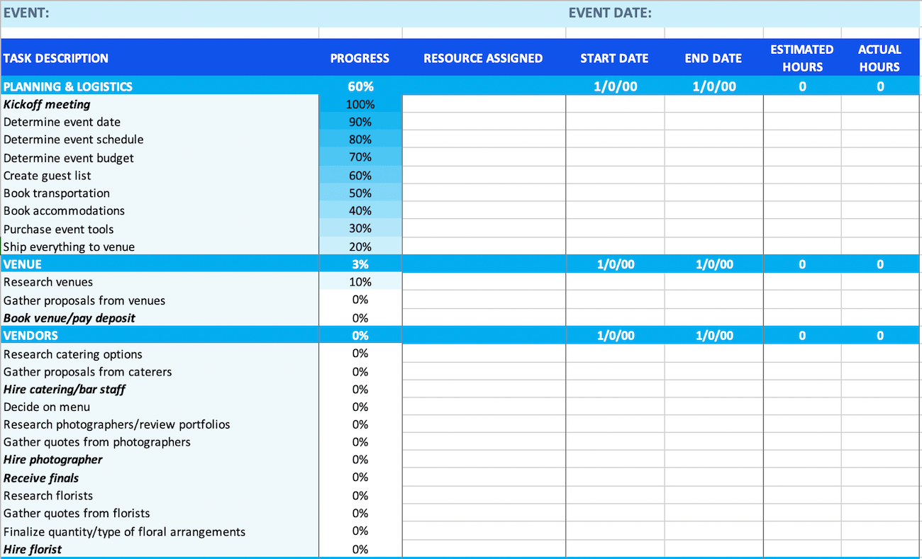 An Excel spreadsheet used to track tasks for an event with blue highlights to organize headers on the table.