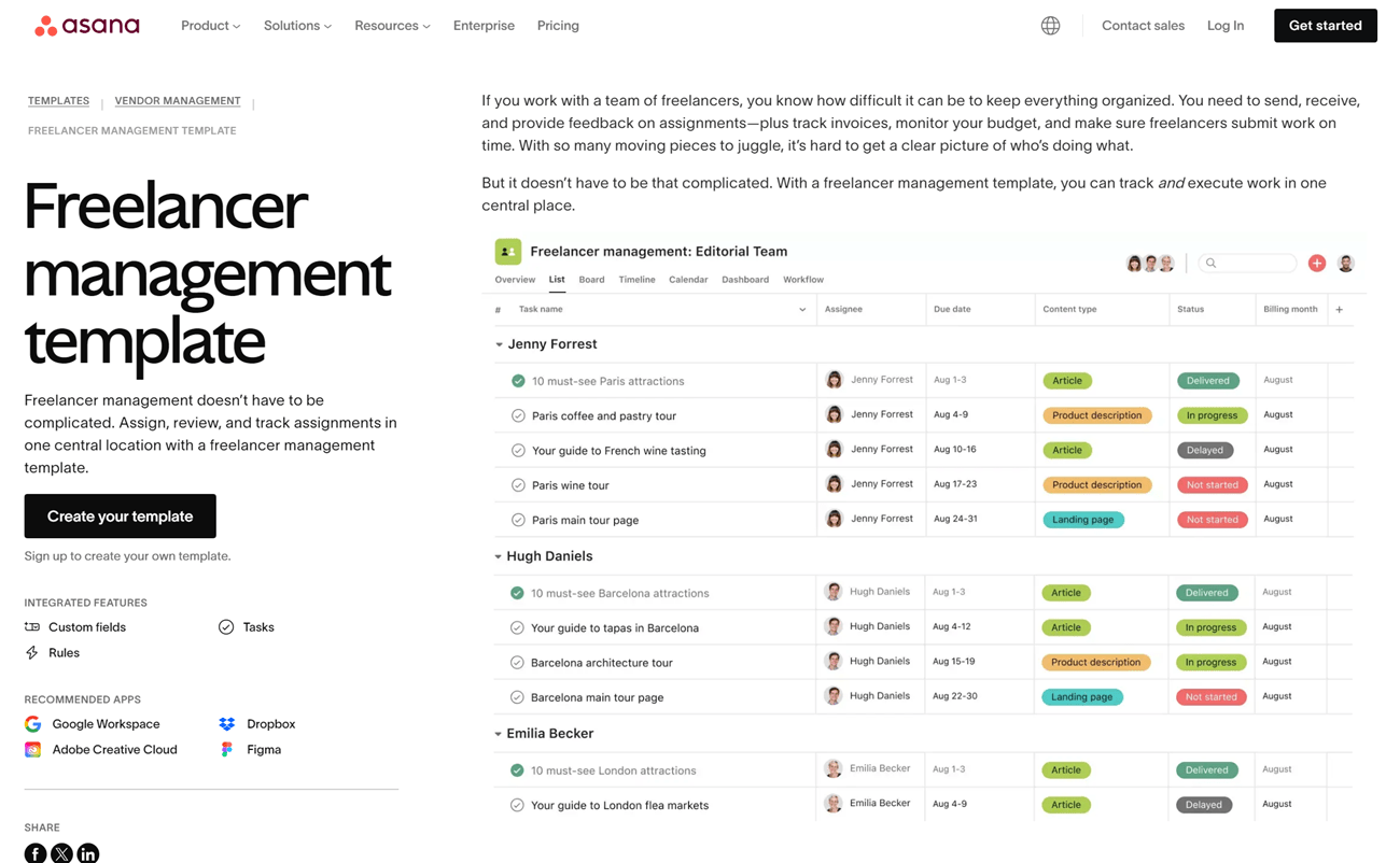 Landing page for Asana’s freelancer management template. 