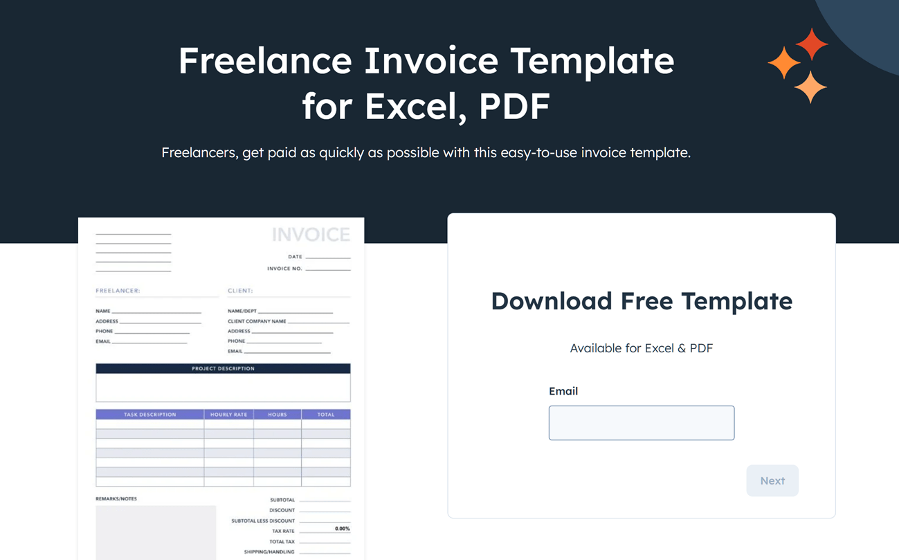 HubSpot’s landing page for their freelance invoice template. 