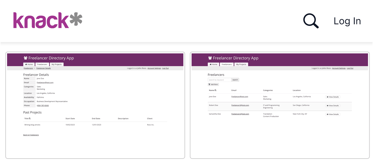 Two views of Knack’s freelancer directory template.