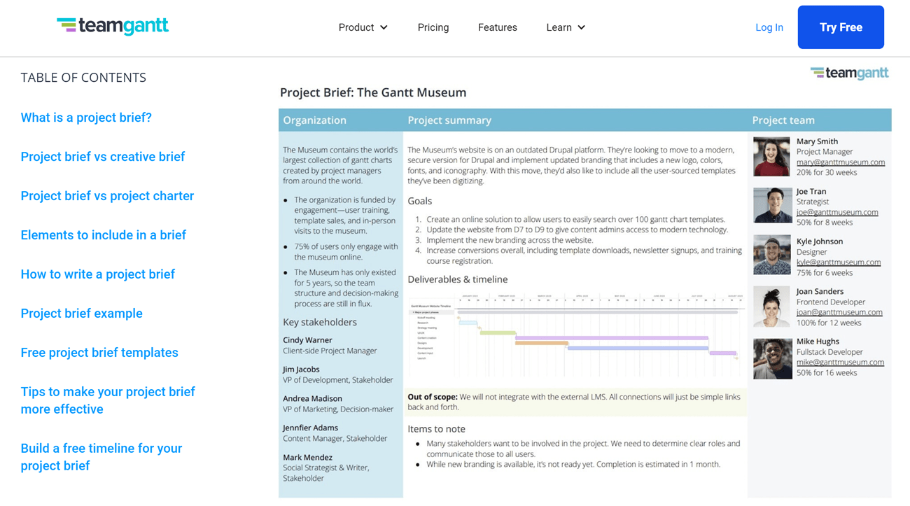 A blog post from TeamGantt talking about project briefs, including a free downloadable project brief template. 