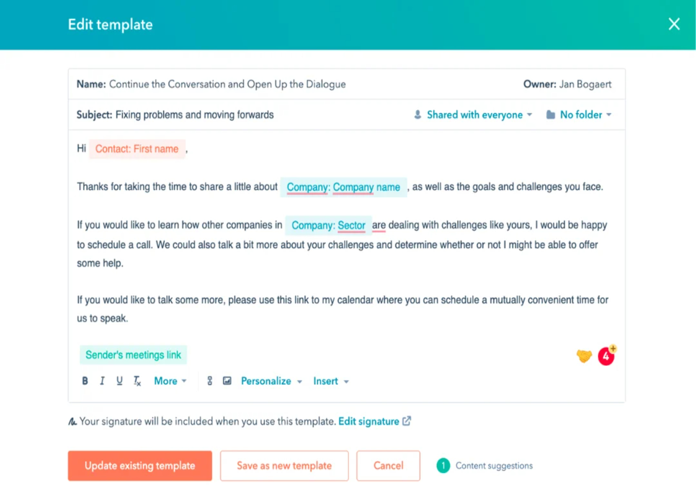 Screenshot of sample HubSpot email template.