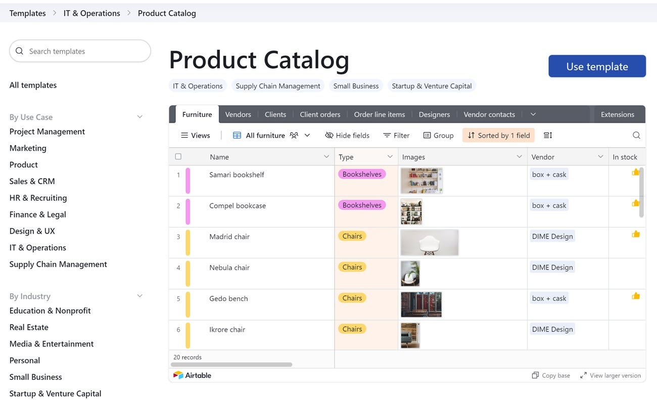 A product catalog in Airtable showing a spreadsheet-like view of products, images, stock availability, categories, and other key information. 