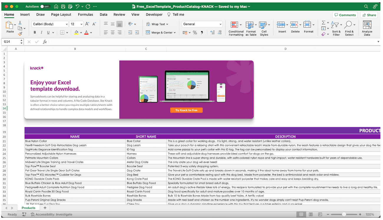 An Excel spreadsheet with basic product data.