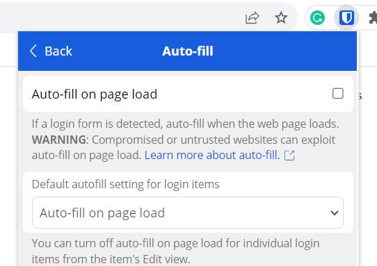 Bitwarden’s auto-fill toggle in its extension. 