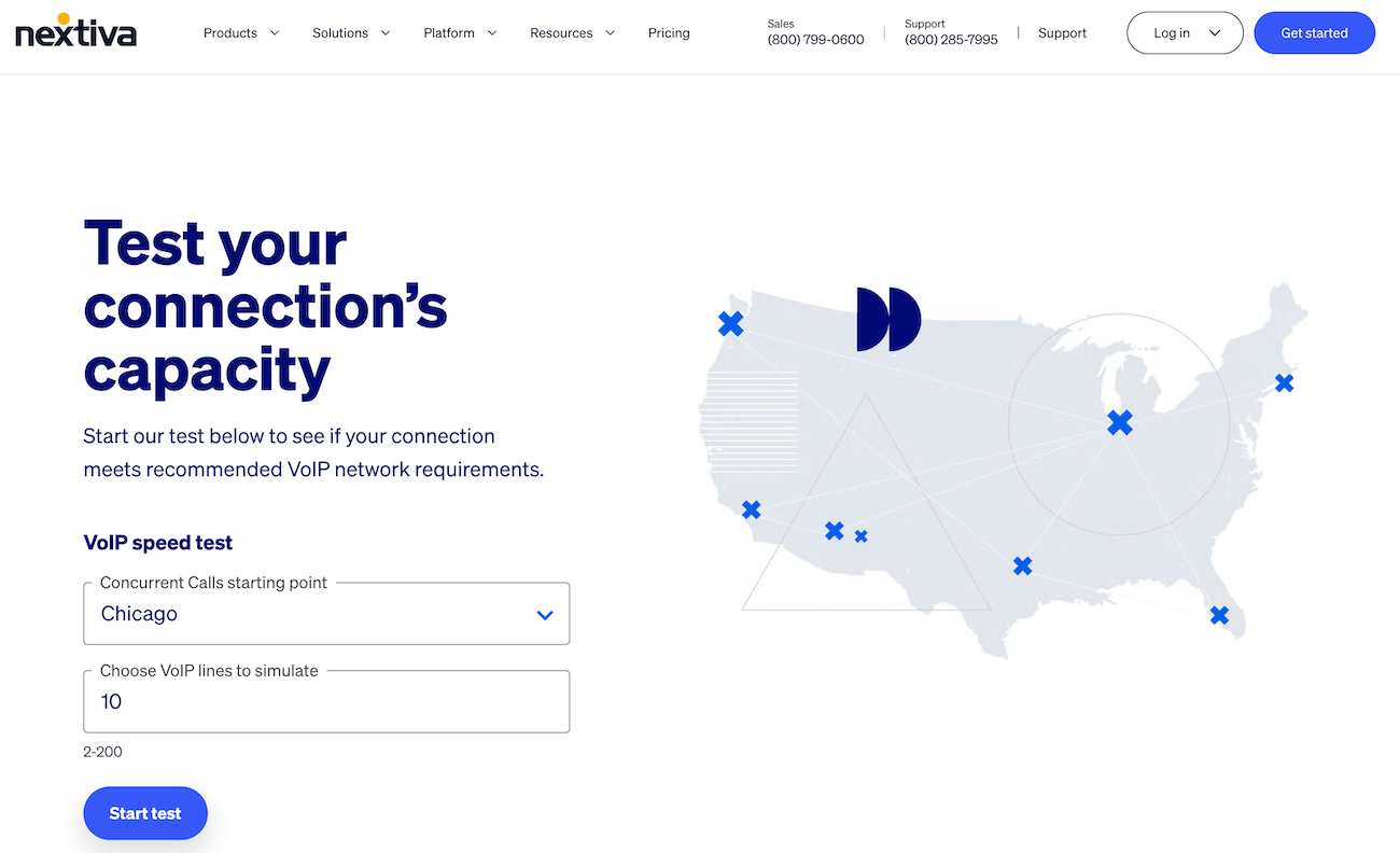 Nextiva’s VoIP speed test page showing a map of the US with blue marks to designate the starting points of test locations. 