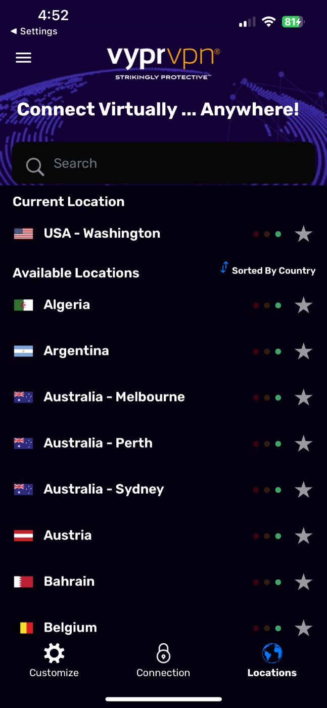 VyprVPN’s list of servers worldwide within the iOS app.