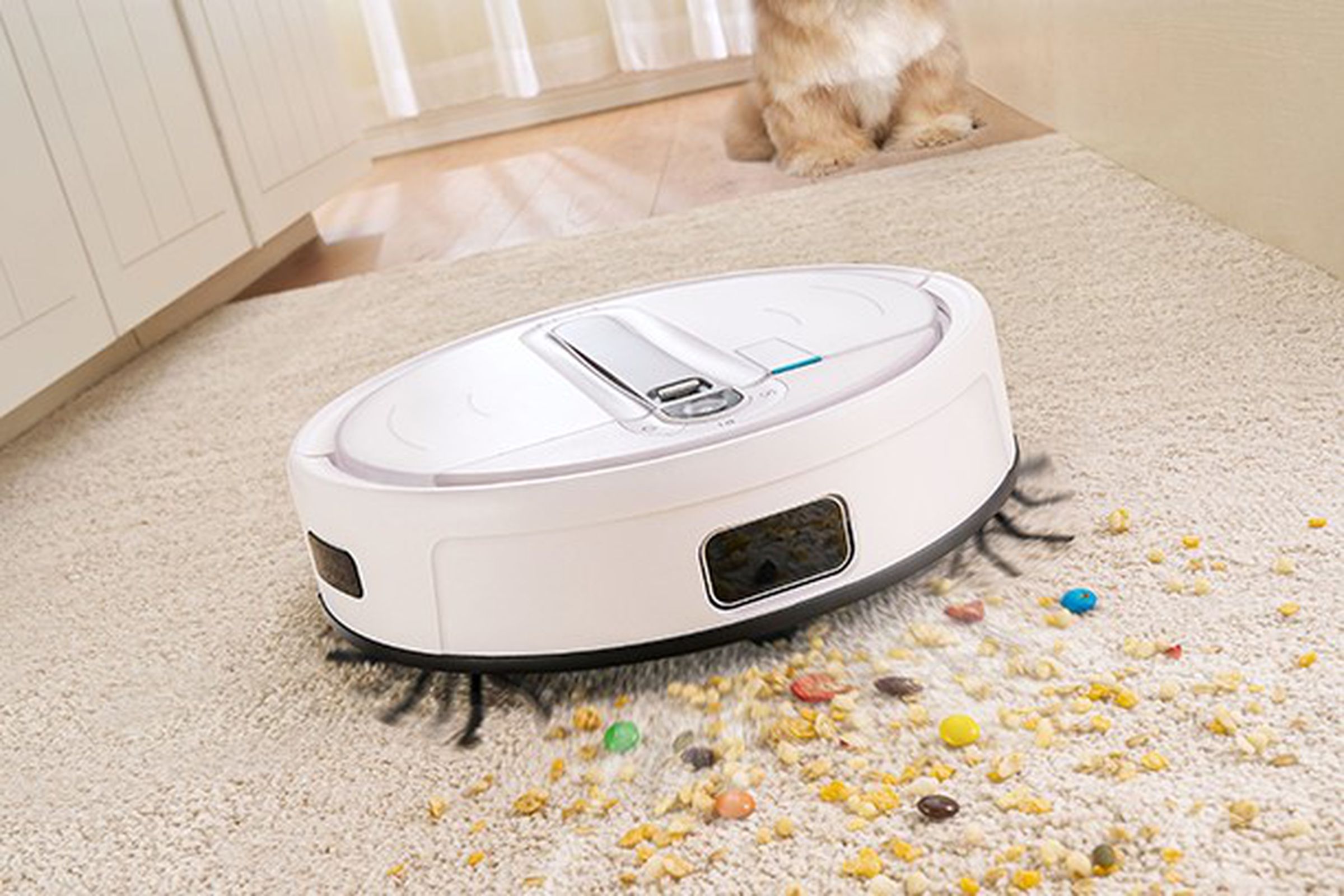 Photo of Yeedi Cube robot vacuuming cereal