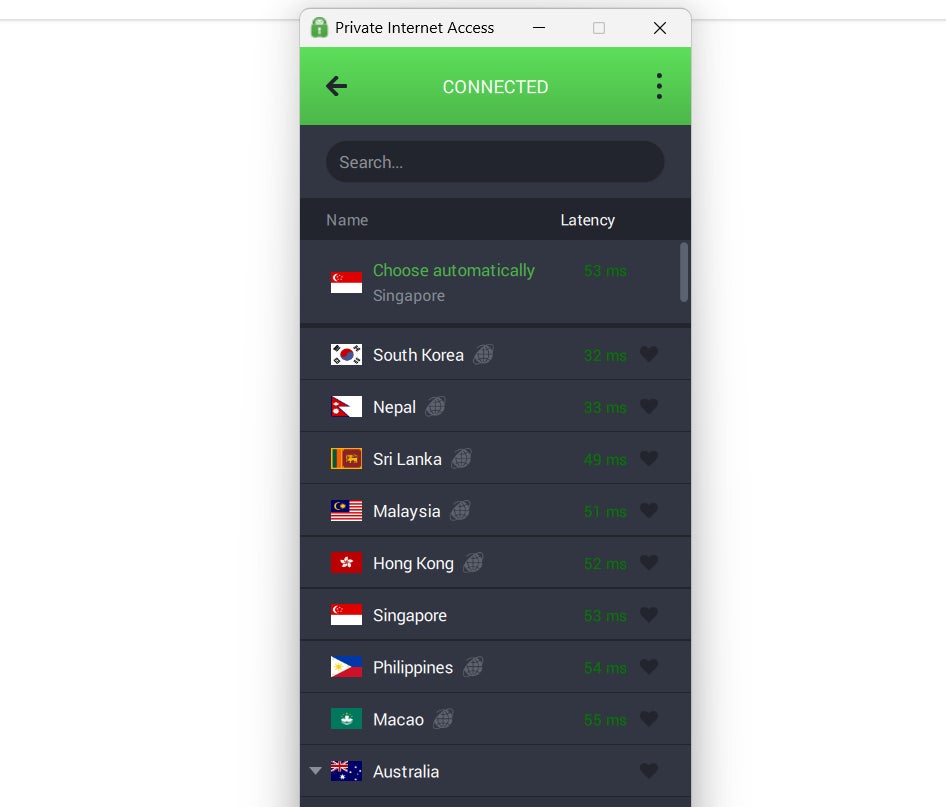 PIA VPN’s server selection.