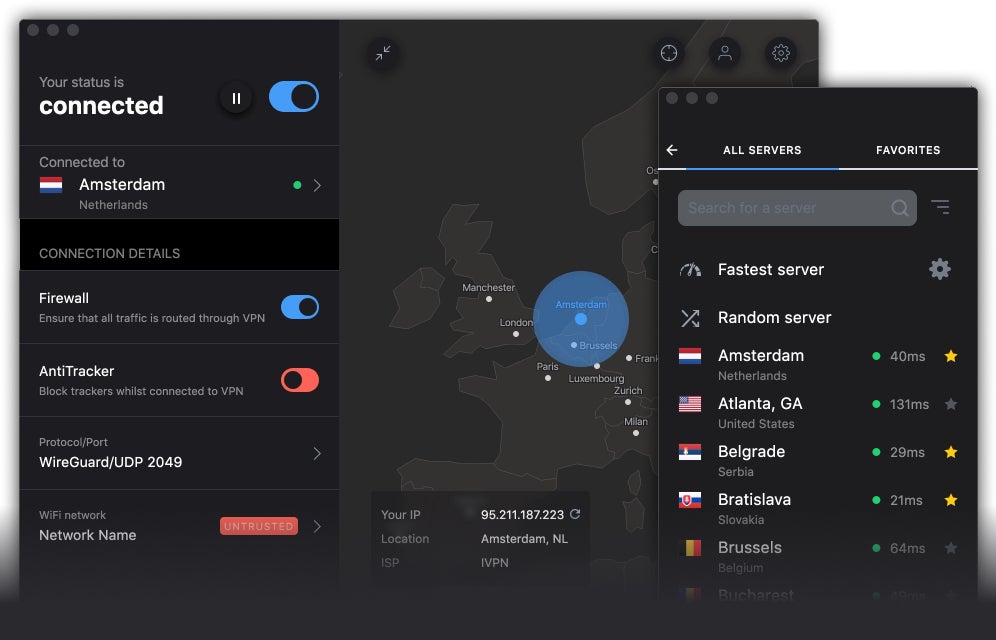 IVPN on Mac with firewall and anti-tracking turned on.