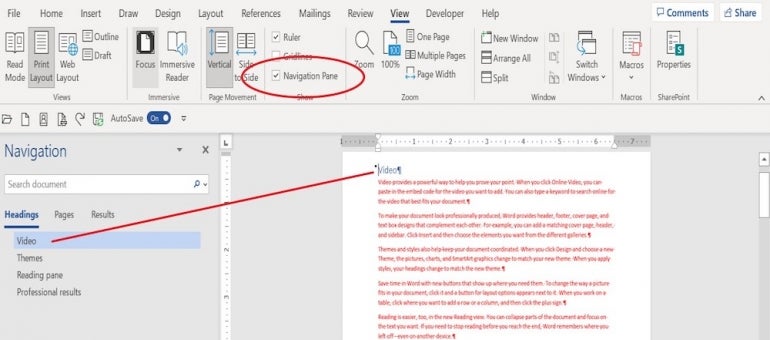 How to open Word’s Navigation Pane.