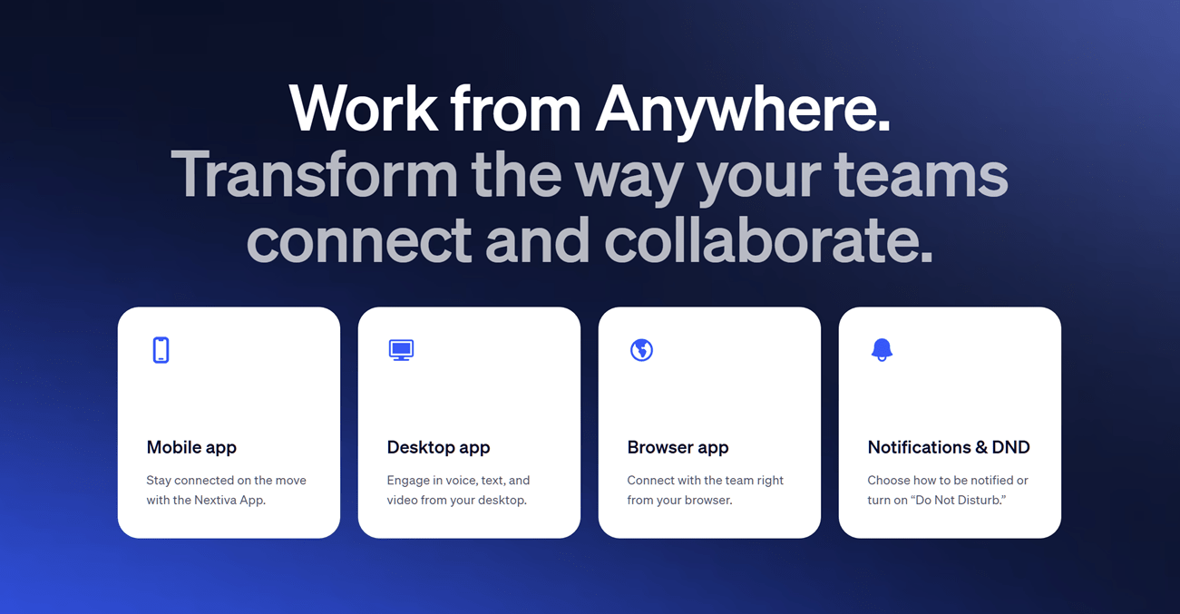 Section of Nextiva's website that says Work from Anywhere. Transform the way your teams connect and collaborate with the mobile app, desktop app, browser, app, notifications, and DND.