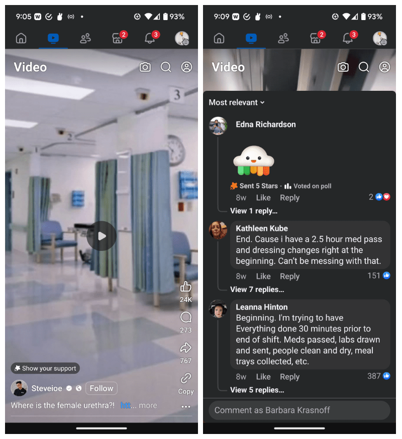 Two screenshots, the left showing a hospital corridor with a play symbol superimposed; the second showing the same image covered by comments.