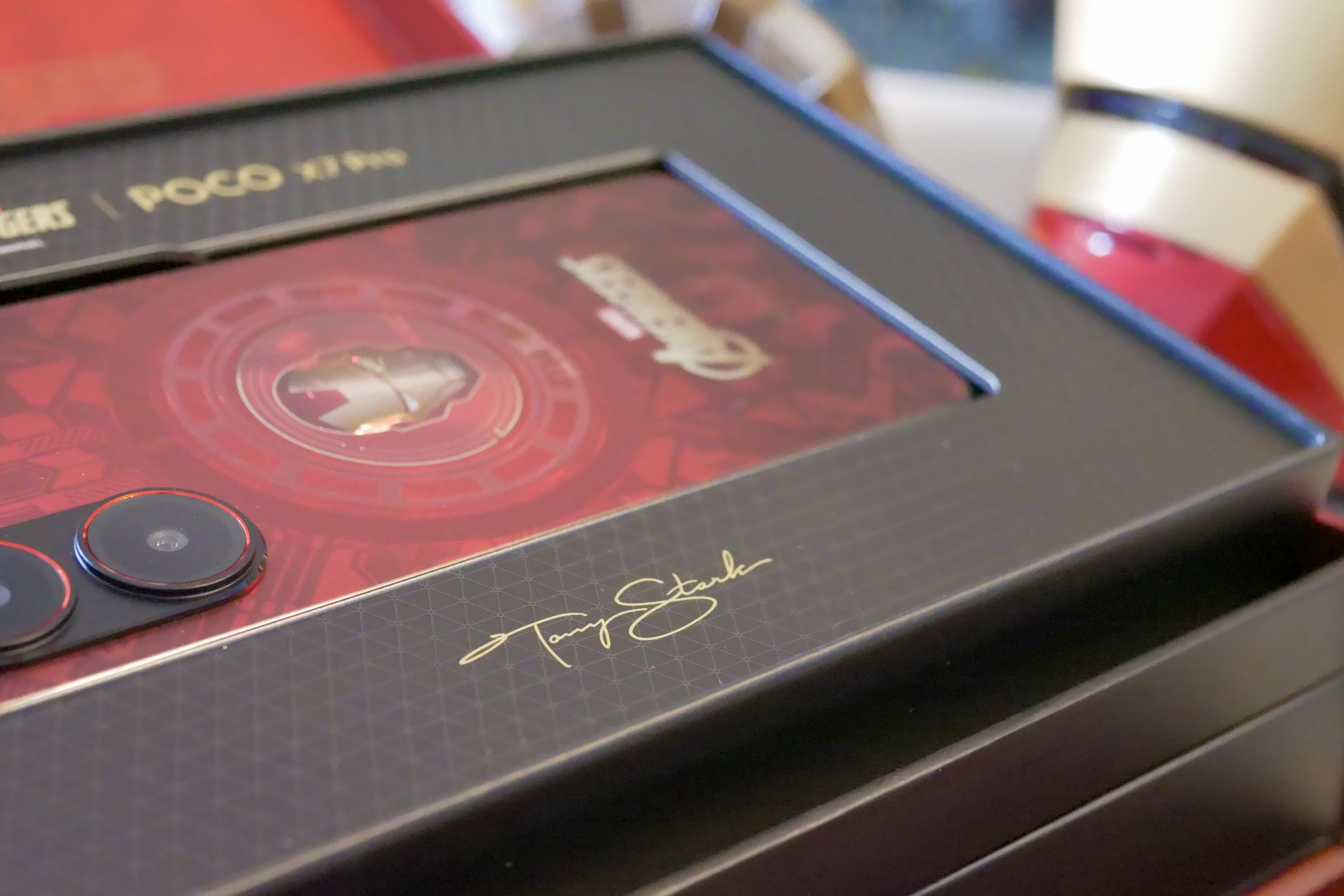 The Tony Stark signature inside the Poco X7 Pro - Iron Man Edition's box.