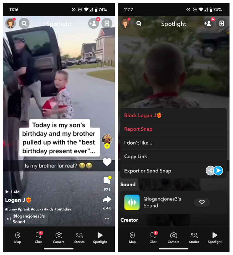 Two screenshots, the left of a young boy with a caption that today is his birthday, and the right with a pop-up menu letting you block, report, or say you don’t like the video.