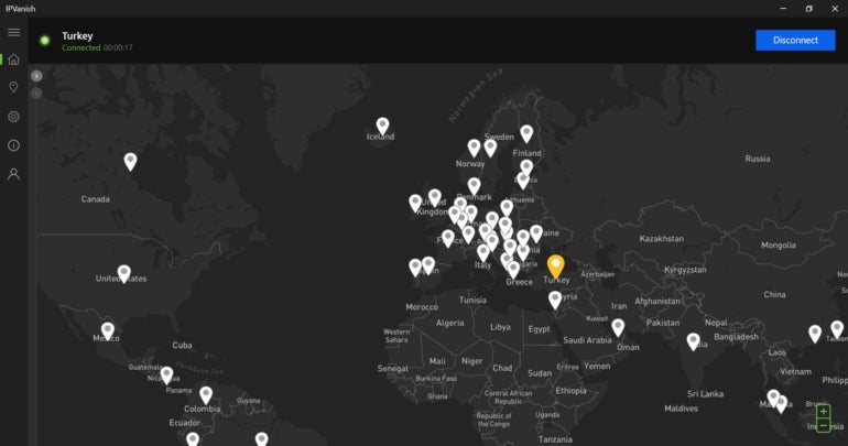 Server map in IPVanish VPN.