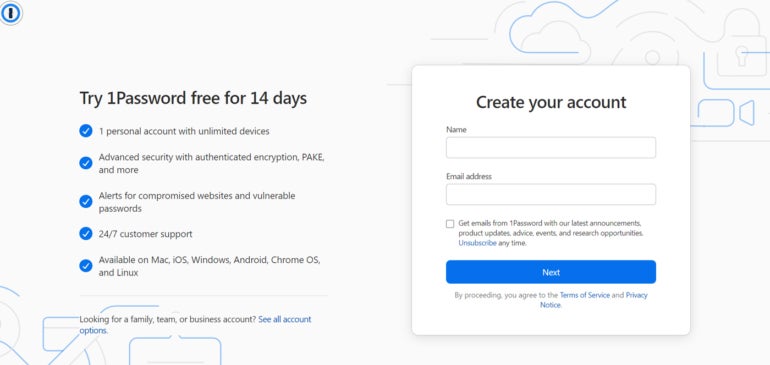 Creating a 1Password account.