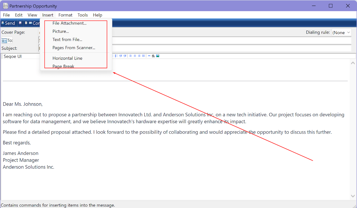 Windows Fax and Scan Interface with arrow pointing to the Insert menu dropdown.