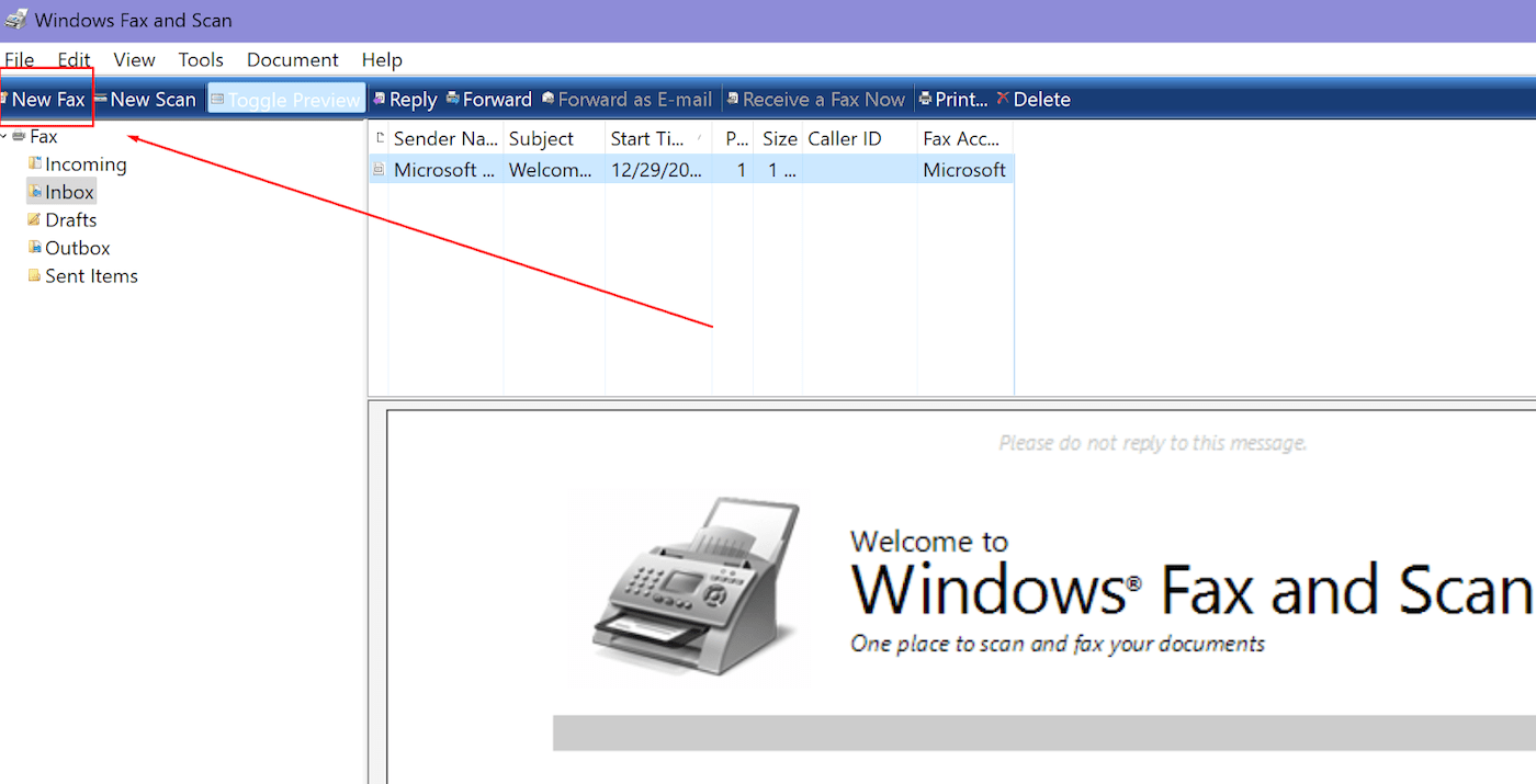 Windows Fax and Scan Interface with arrow pointing to New Fax option in upper left hand corner.