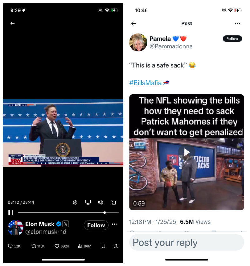 two screenshots, the left showing Elon Musk at the inaugeration, the right showing two NFL players.