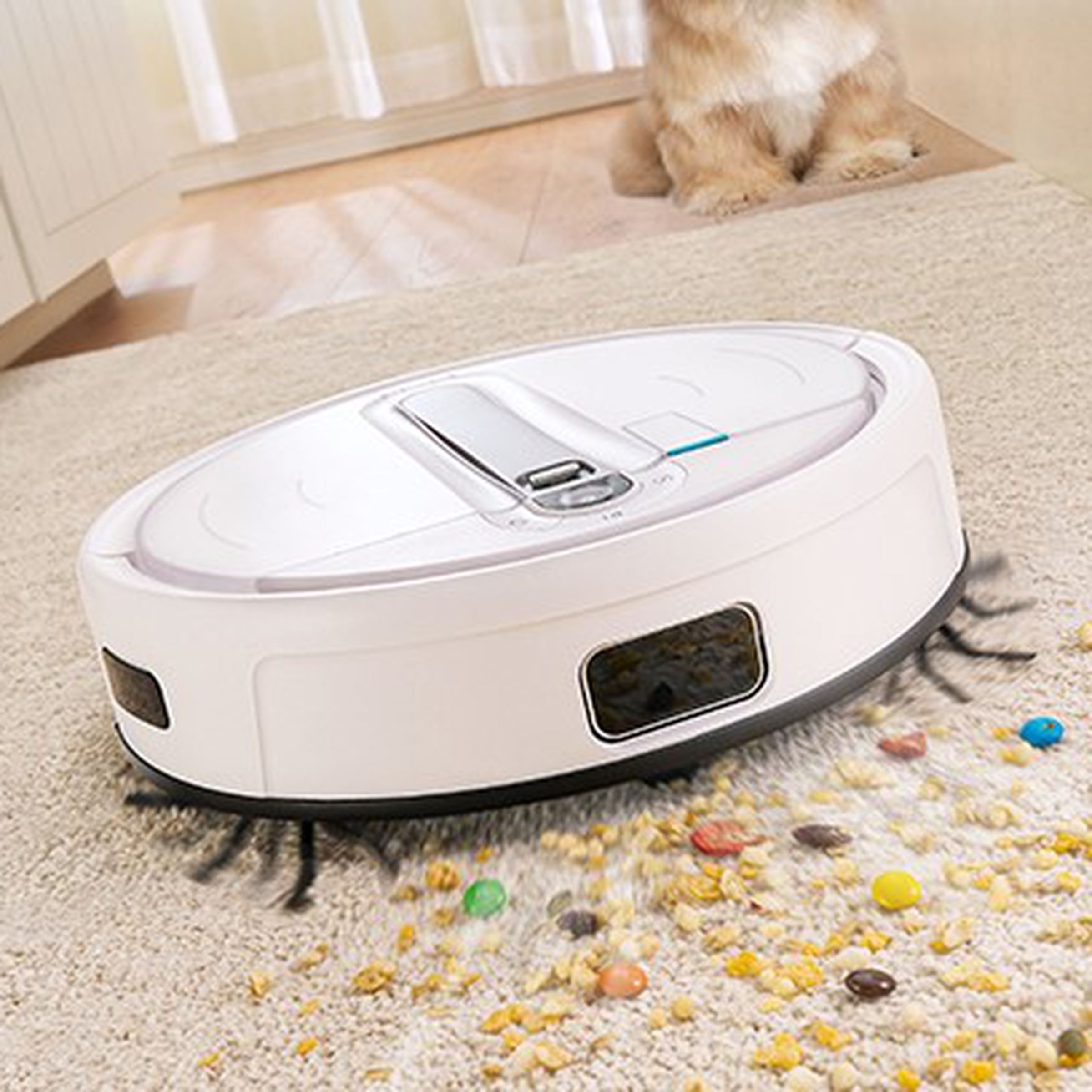 Photo of Yeedi Cube robot vacuuming cereal