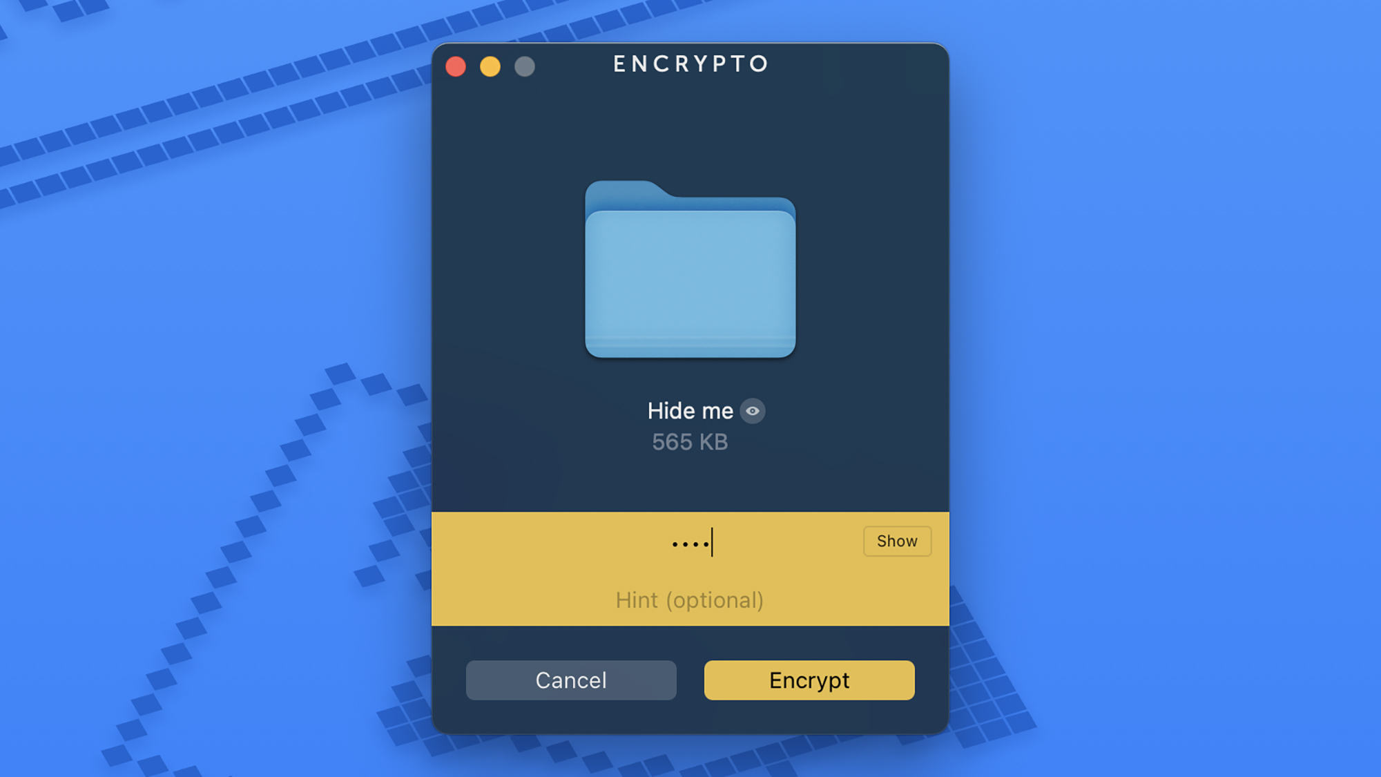 Mac screen showing Encrypto window with a picture of a folder and the words “Hide me.”