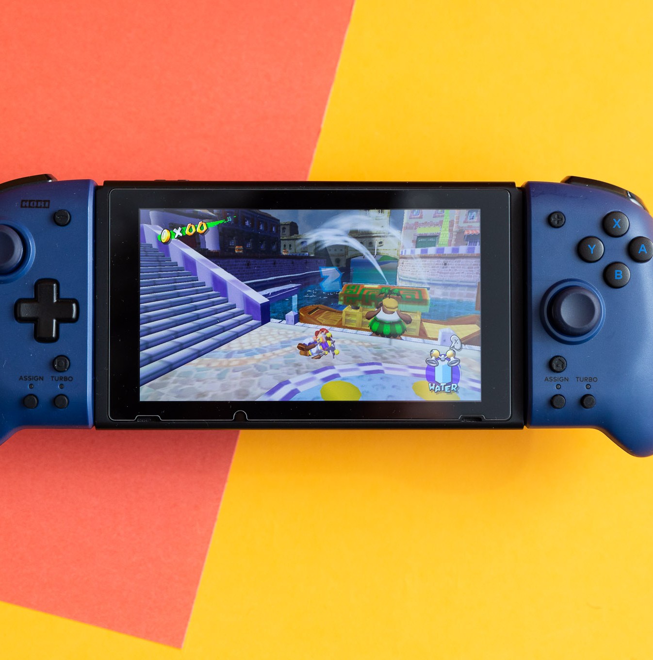 Hori’s Split Pad Pro are connected to a Nintendo Switch that is displaying Super Mario Sunshine.