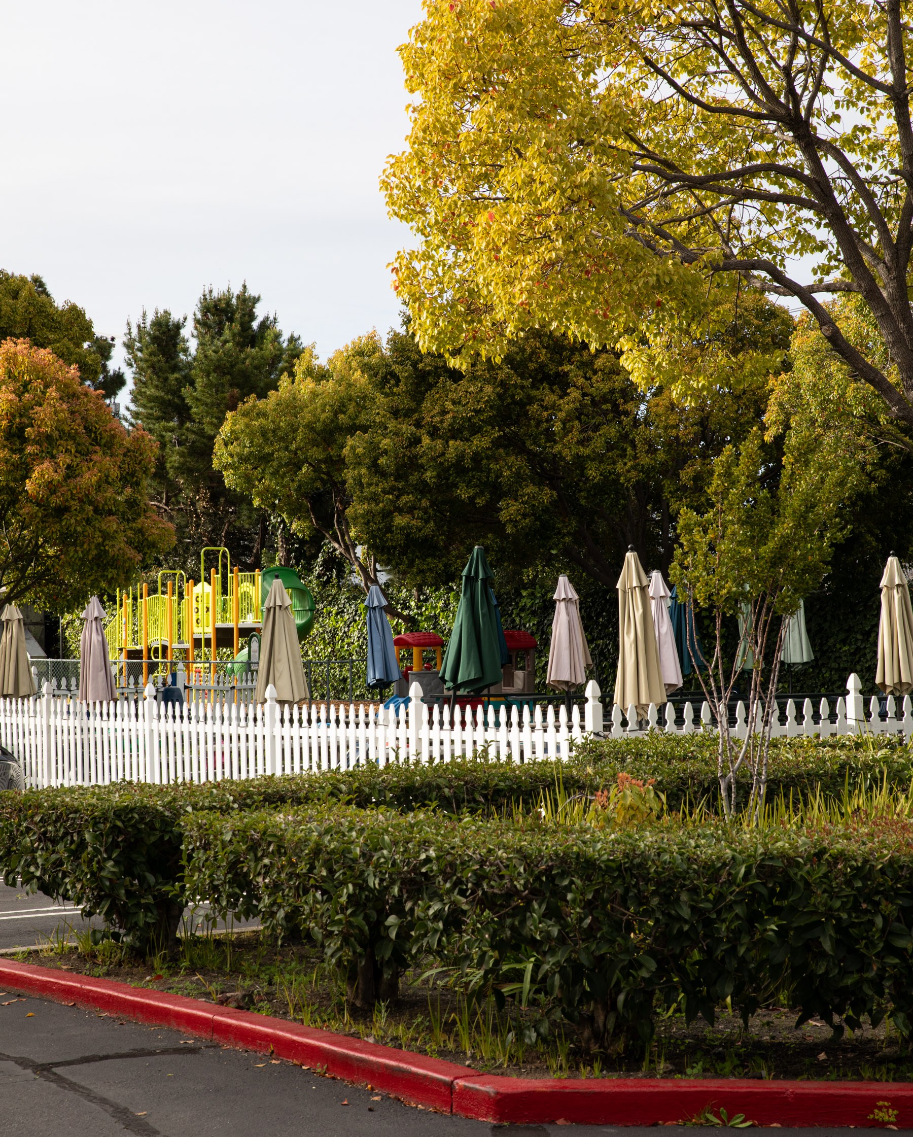 At the edge of a parking lot lush trees and shrubs sandwich a white fenced in area of tables with closed umbrellas. A brightly painted playground is behind it.