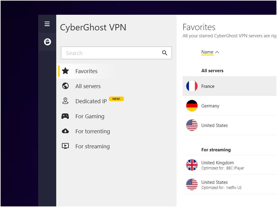 Categorized servers per use case in CyberGhost VPN.