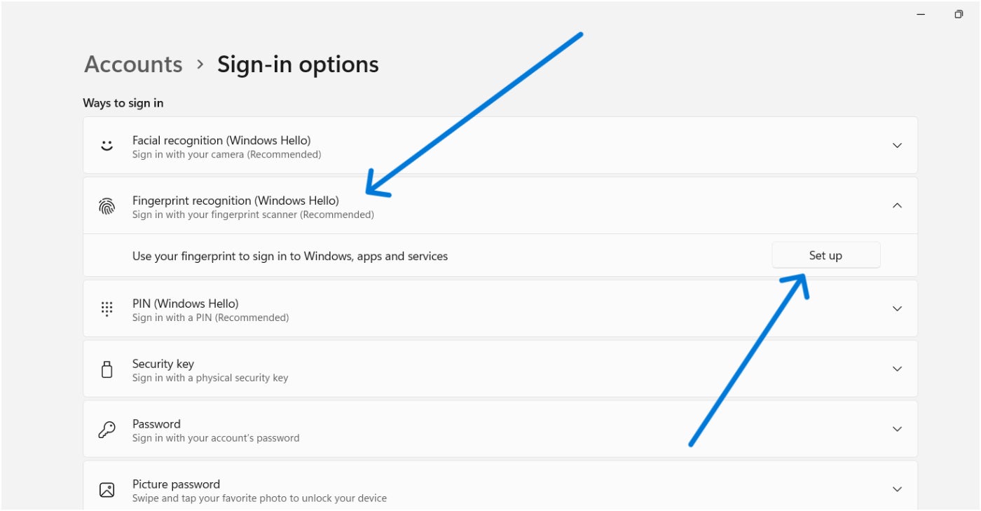 Fingerprint and Set up buttons are in the sign-in options menu.