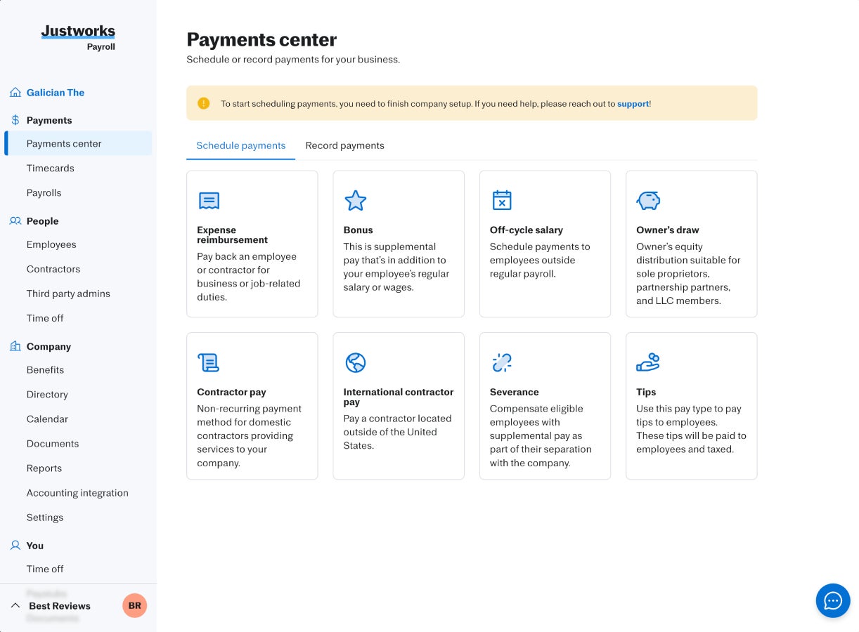 Justworks displays its payments center dashboard with options to schedule different payments like expense reimbursement, off-cycle salary, and owner’s draw.