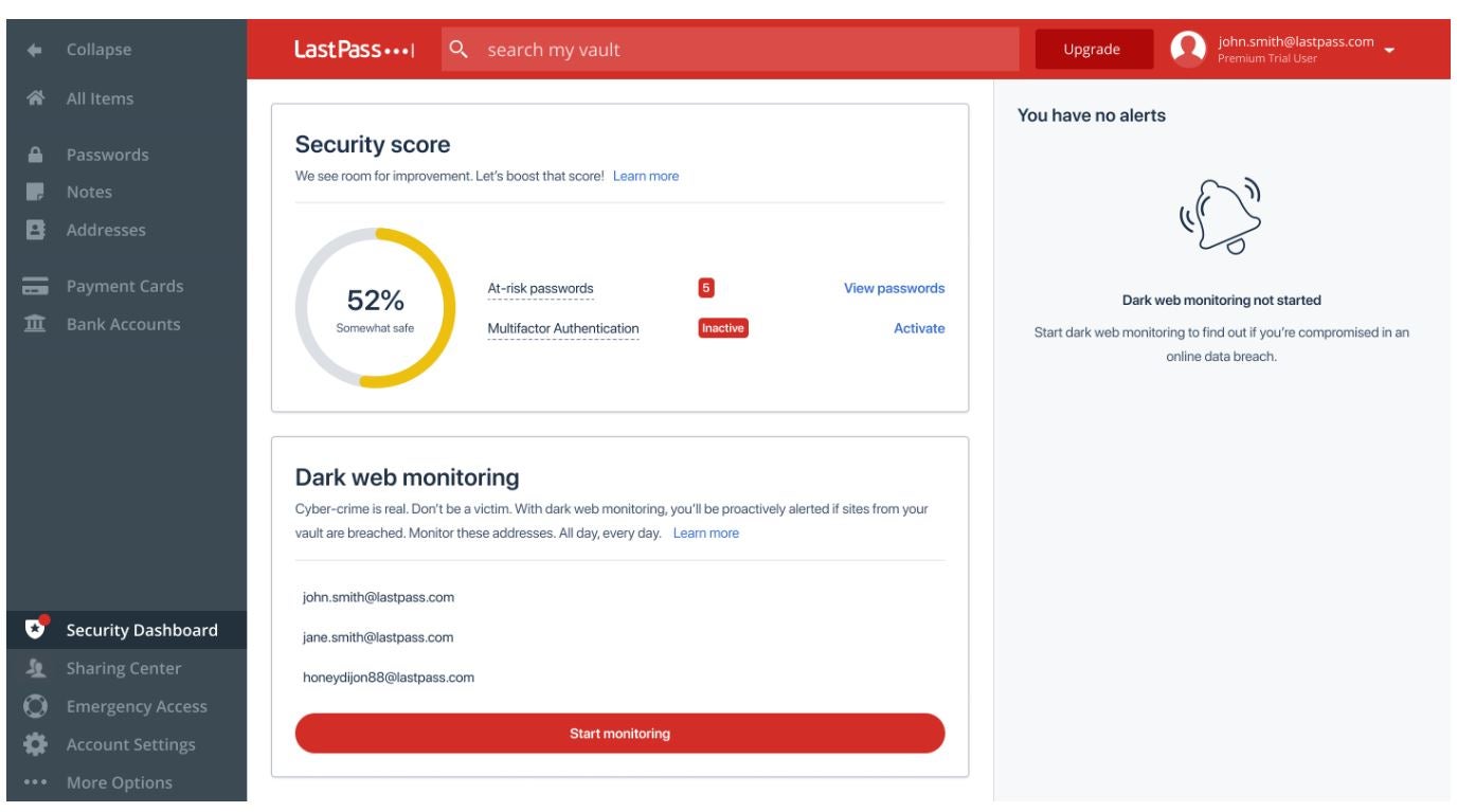 Screenshot of LastPass dark web monitoring.