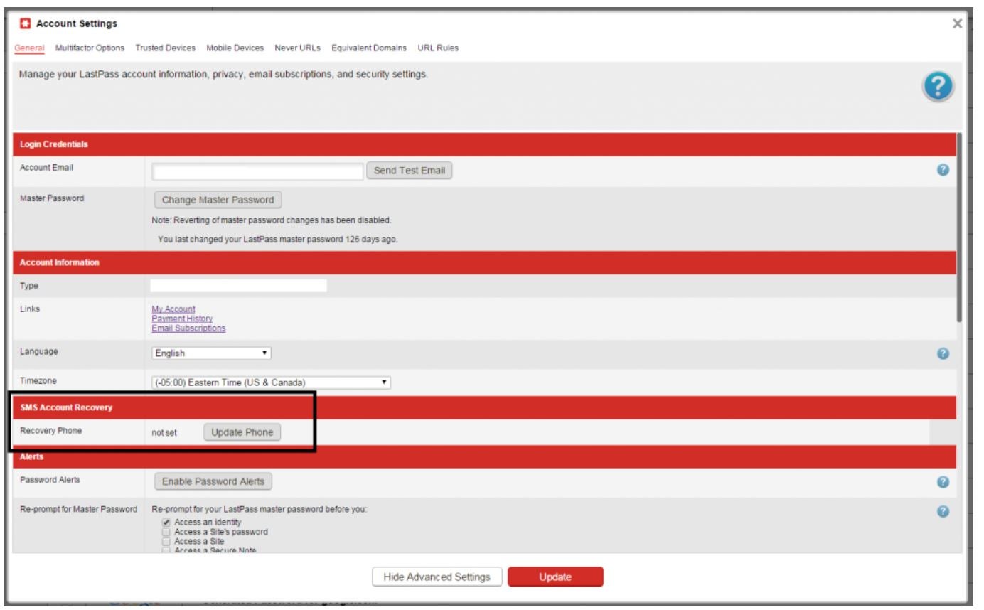 Screenshot of LastPass password recovery via SMS.