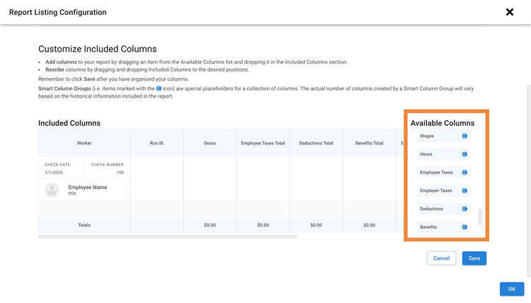 Screenshot of OnPay smart column groups.