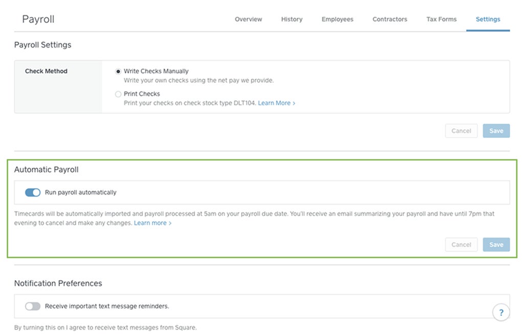 Square Payroll auto pay runs.