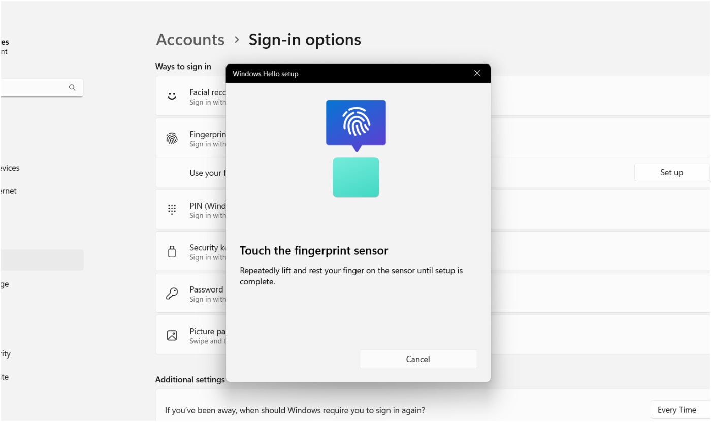 Windows Hello prompts the user to touch the fingerprint sensor.