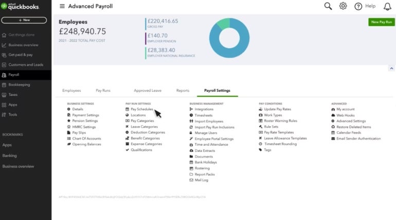 QuickBooks Payroll displays its payroll dashboard with total labour costs between 2021 and 2022 at the top and tabs to access employees, pay runs, approved leave, reports, and payroll settings below.