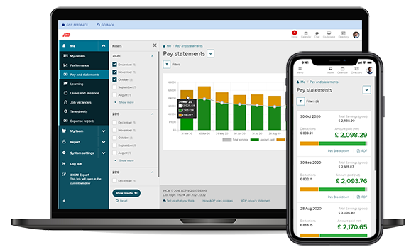 A laptop and a mobile phone display ADP’s pay statements dashboard; the laptop shows a bar graph with gross and net remuneration month over month, while the mobile phone shows a list of 2020 payslips.