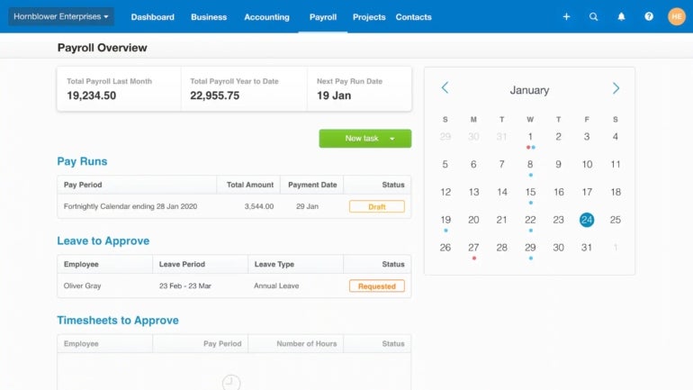 Xero Payroll Overview displays data like total payroll last month, year-to-date payroll, and payroll-related tasks. 