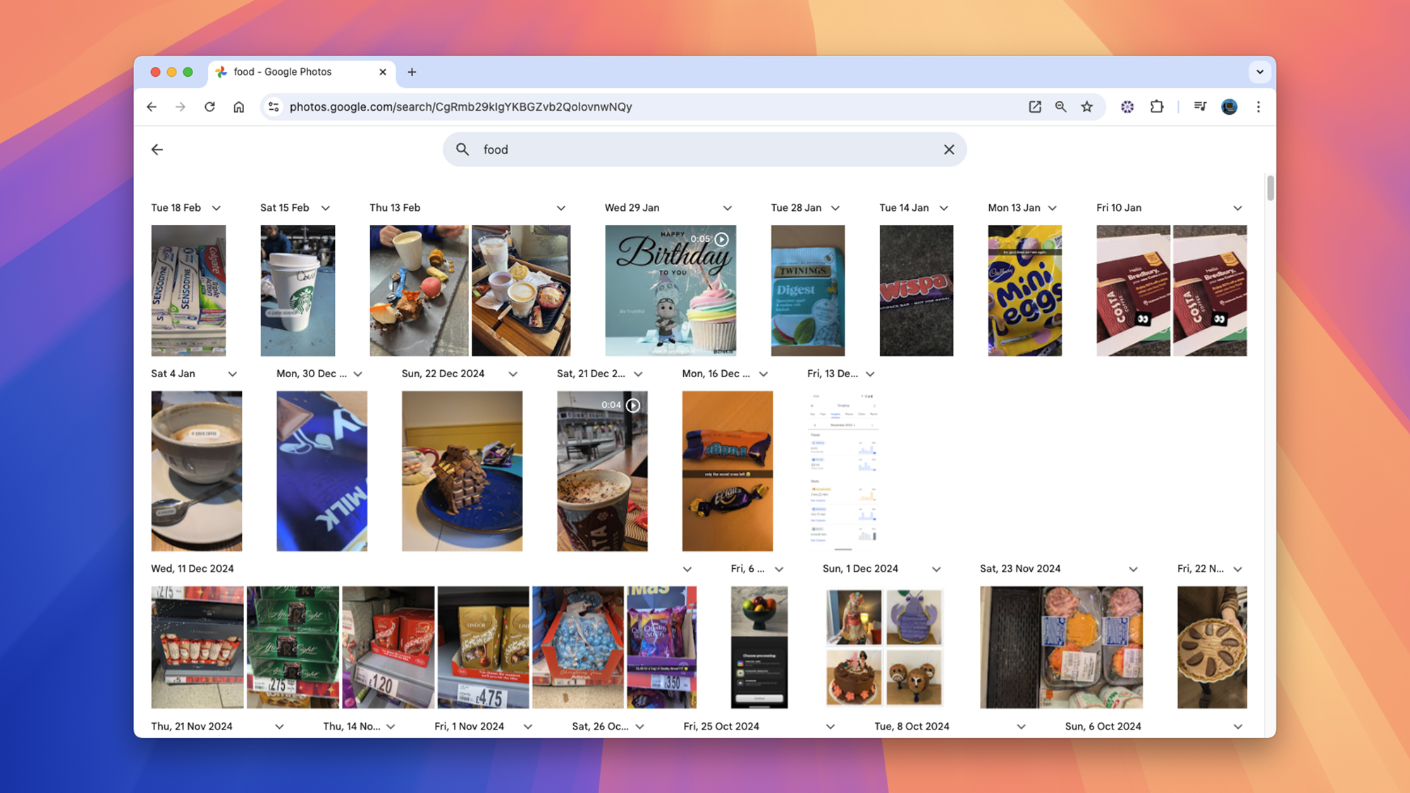 Google Photos page with the word “food” in the search box and several photos of food.