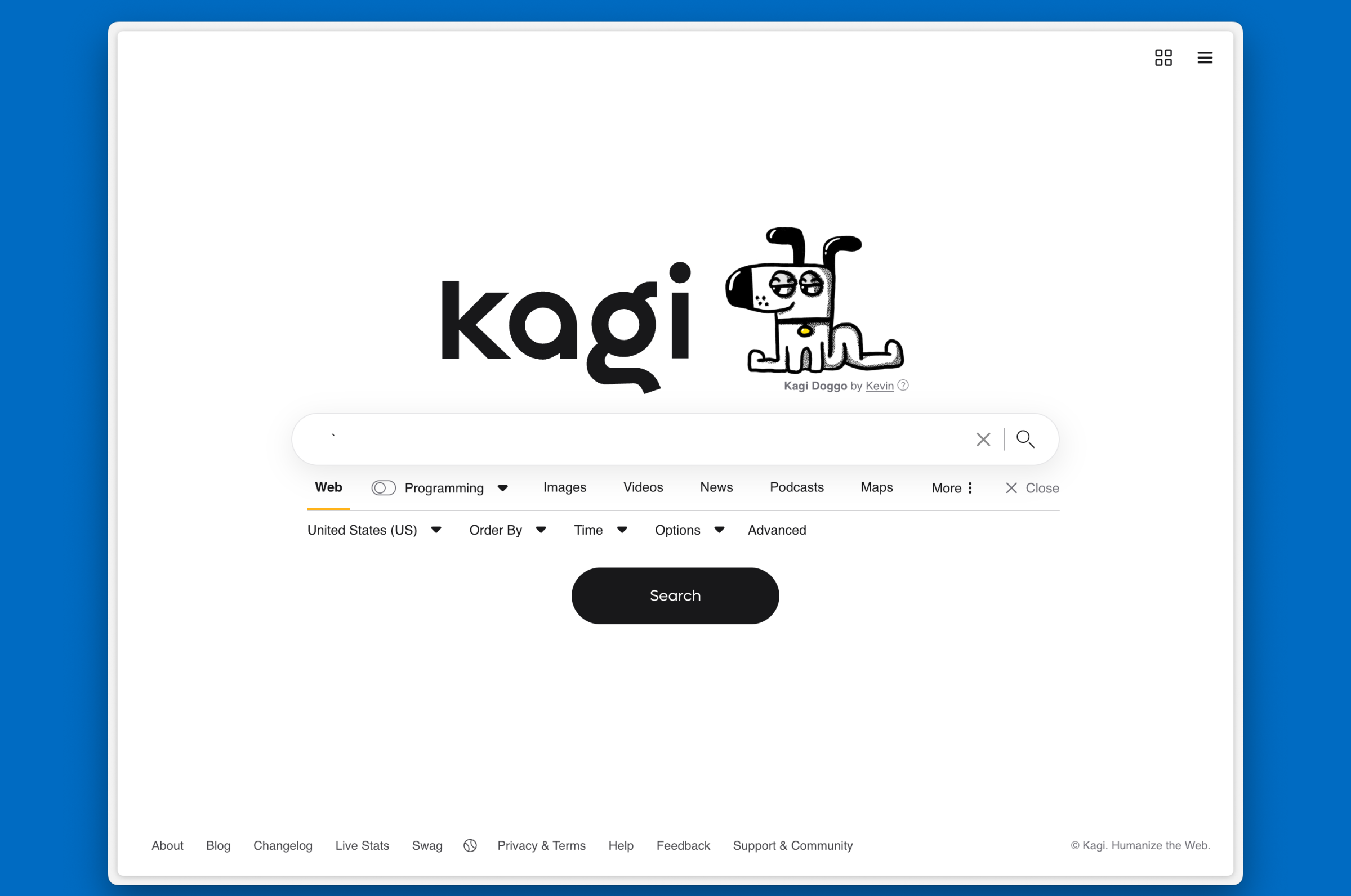 A screenshot of the Kagi homepage on a desktop browser.