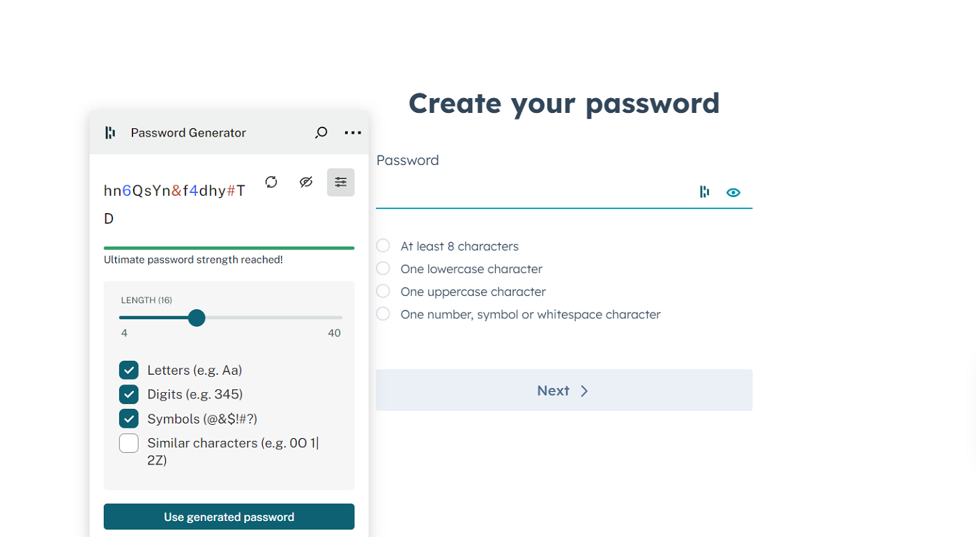 Screenshot of generating a password for Dashlane.