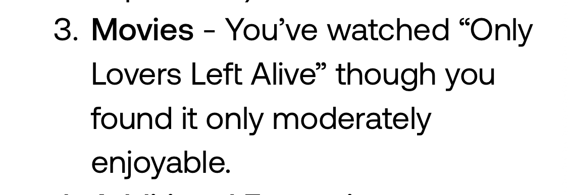 Screencap from Bee app describing a movie senior reviewer Victoria Song watched. It reads “Movies - You’ve watched ”Only Lovers Left Alive” though you found it only moderately enjoyable.