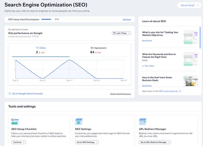 Wix SEO dashboard