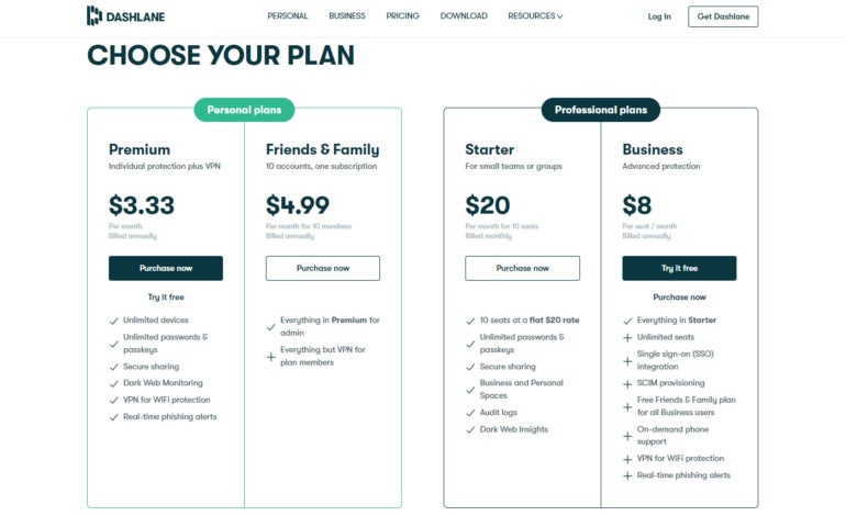 Dashlane pricing tiers.